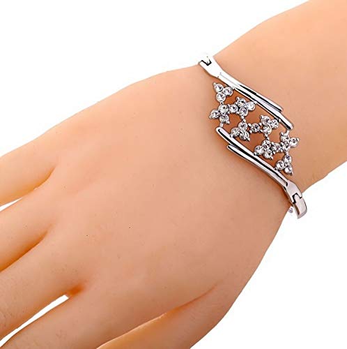 Yellow Chimes A5 Grade Flower Crystal Studded Silver Plated Cuff Btacelet for Wome and Girl's