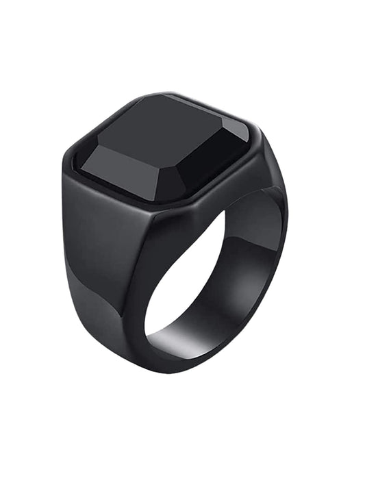 Yellow Chimes Rings for Men Stainless Steel Black Ring Square Shaped Crystal Black Steel Ring for Men and Boys.