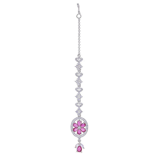 Yellow Chimes American Diamond Maang Tikka for Women Rhodium Plated Crystal Pink High Grade Authentic AD Jewellery Maang Tikka for Women and Girls