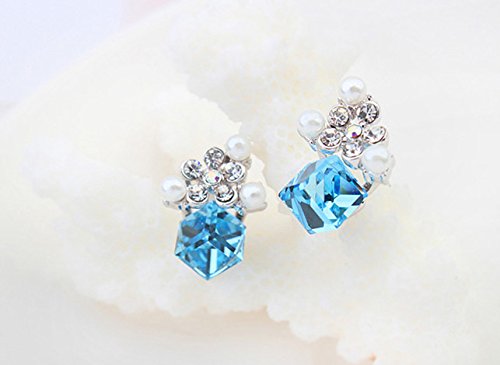 Yellow Chimes Crystals from Swarovski Platinum Plated Blue Cube Crystal Earrings for Women and Girls (Moonlight)
