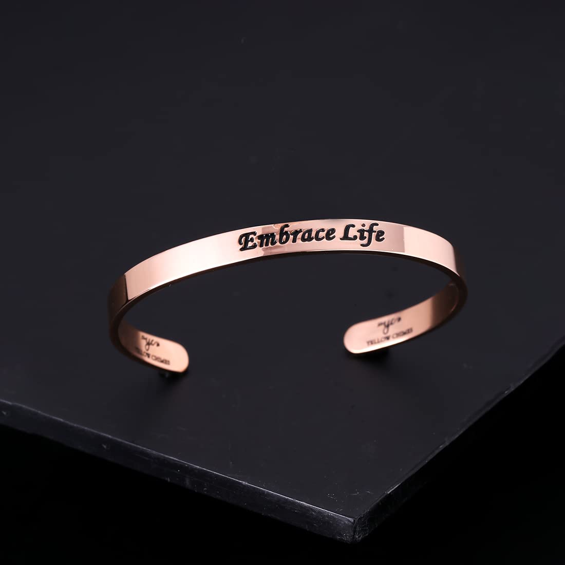 Yellow Chimes Bracelet for Women and Men | Fashion Rose Gold Cuff Kadaa Bracelets for Girls and Boys | Rose Gold Plated Hand Cuff Kadaa | Inspirational Gifts EMBRACE LIFE Message Stainless Steel Unisex Karma Band Kada Bracelet | Birthday Gift for Girls