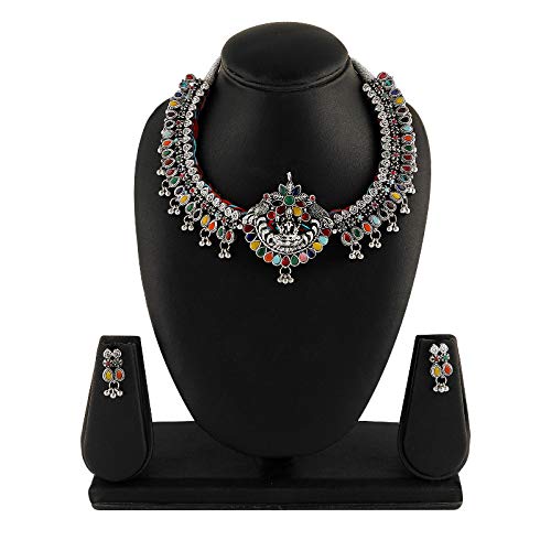 Yellow Chimes Oxidized Silver Classic Designer Traditional Choker Necklace Set with Earrings Oxidized Jewellery Sets for Women and Girls