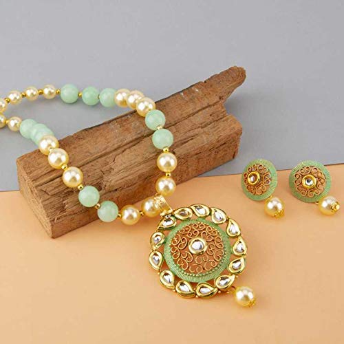 Yellow Chimes Latest Modern Pearl Kundan Traditional Adorable Necklace With Stud Drop Earrings For Women (Lite Green)