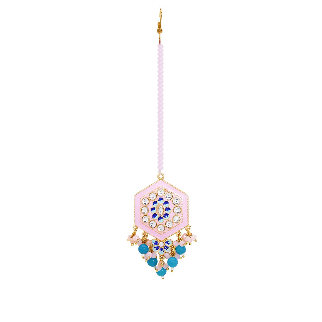 Yellow Chimes Ethnic Gold Plated Traditional Studded Stone Blue Beads Pink Meenakari Chandbali Earrings with Maangtikka for Women and Girls, Medium (YCTJER-108CNDMGT-PK)