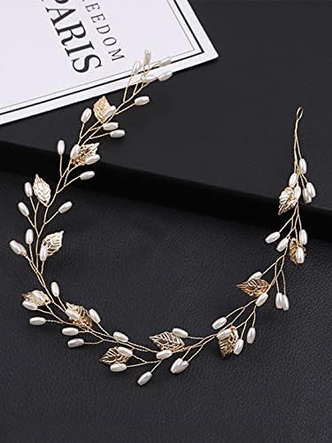 Kairangi Bridal Hair Vine for Women and Girls Bridal Hair Accessories for Wedding Golden Headband Hair Accessories Wedding Jewellery for Women Leafy Pearl Bridal Wedding Head band Hair Vine for Girls