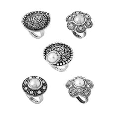 Yellow Chimes Rings for Women and Girls Traditional Oxidised Silver Rings for Women | Silver Oxidised Plated Combo of 5 Pcs Adjustable Rings | Birthday Gift For Girls & Women Anniversary Gift for Wife