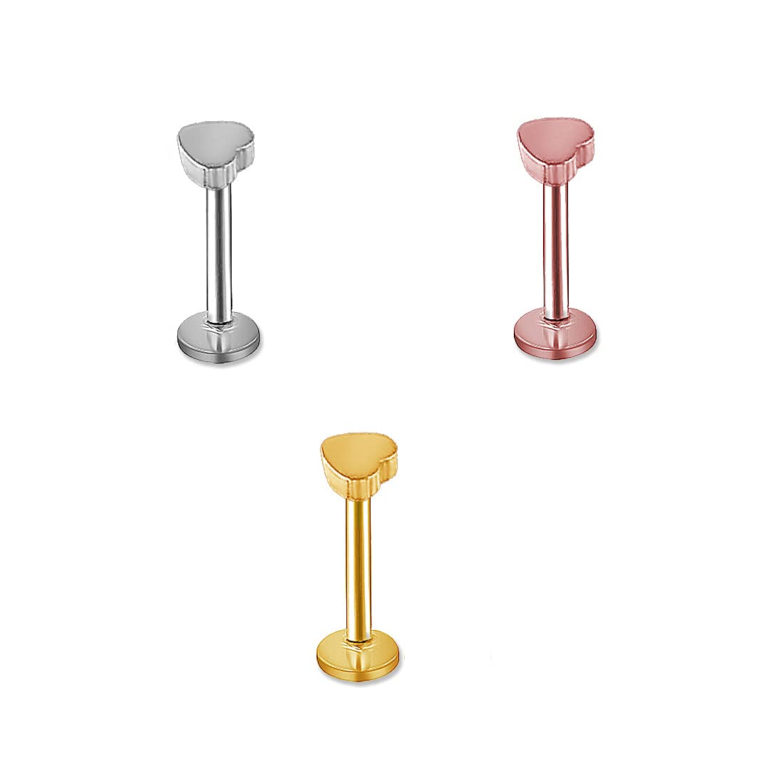 Yellow Chimes Nose Pins for Women Piercing Nose Pins Stainless Steel 3 Pcs Combo Multicolor Heart Design Nose Pins for Women and Girls.