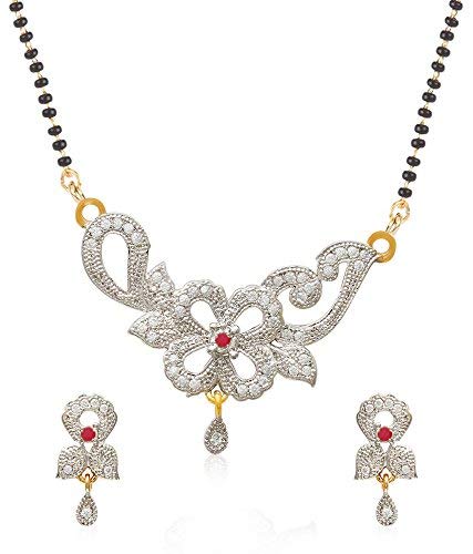 Yellow Chimes Exclusive Floral Design Crystal Black Bead MangalSuthra With Earrings For Women