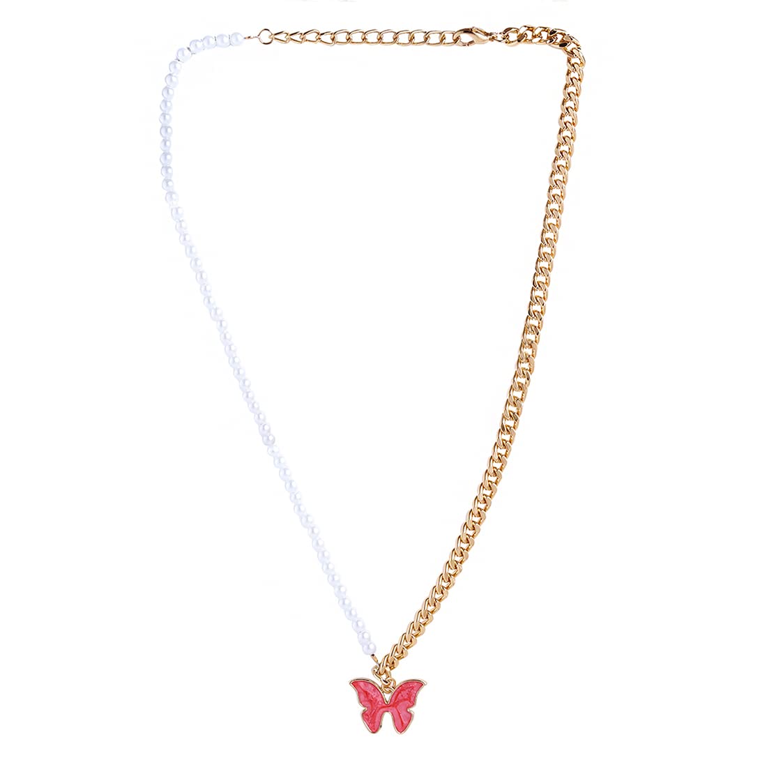 Yellow Chimes Butterfly Necklace for Women Fashion Necklace White Pearl Golden Chain Pendant with Butterfly Charm Necklace for Women and Girls