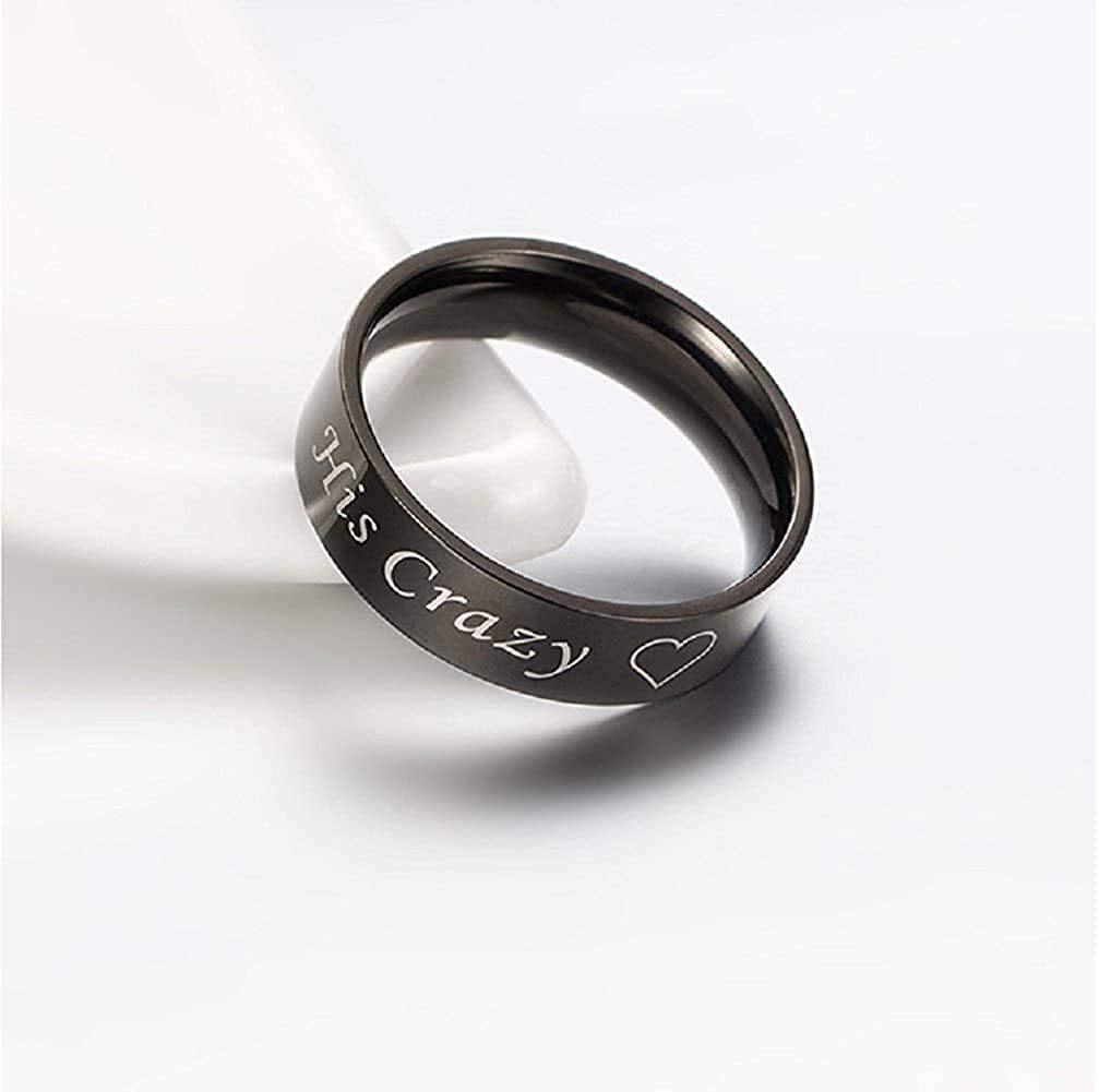 Yellow Chimes His Crazy Heart Engraved Stainless Steel Black Band Rings For Women & Girls