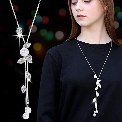 Yellow Chimes Long Chain Necklace for Women Floral Wine Crystal Studded Pearl Silver Long Chain Pendant Necklace for Women and Girls.