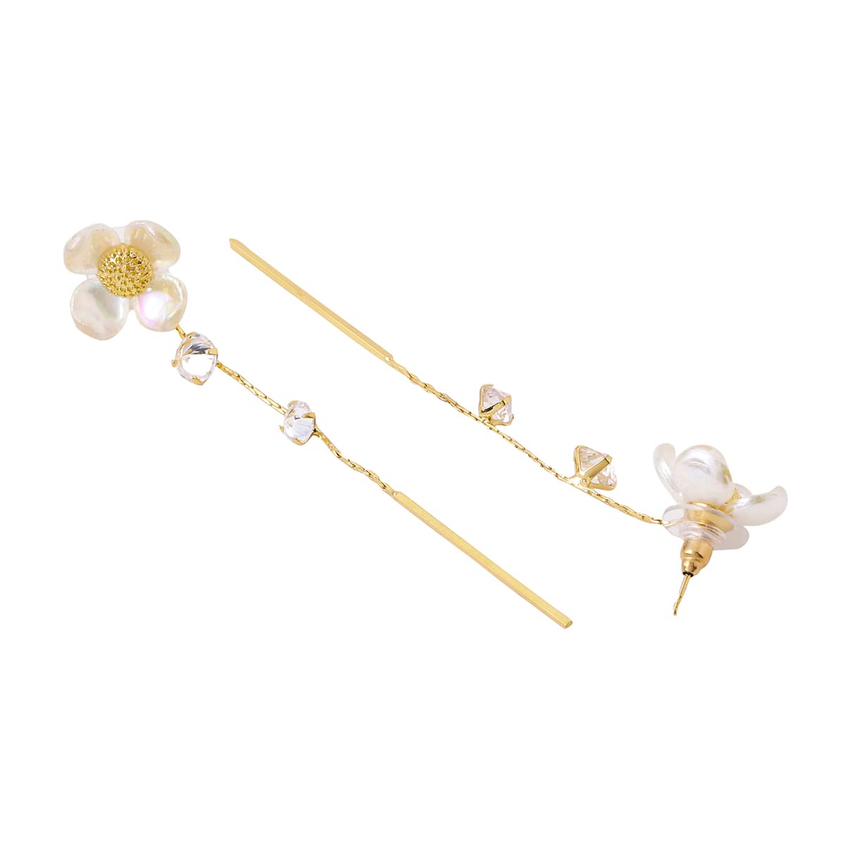 Yellow Chimes Earrings For Women Gold Tone White Color Floral Stud Linear Chain Back Drop With Crystal Studded Dangler Earrings For Women and Girls