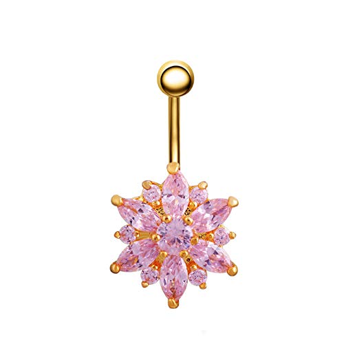 Yellow Chimes Belly Button Ring for Women Body Piercing Jewelry Stainless Steel Navel Piercing Jewelry Floral Pink Crystal Belly Button for Women and Girls.