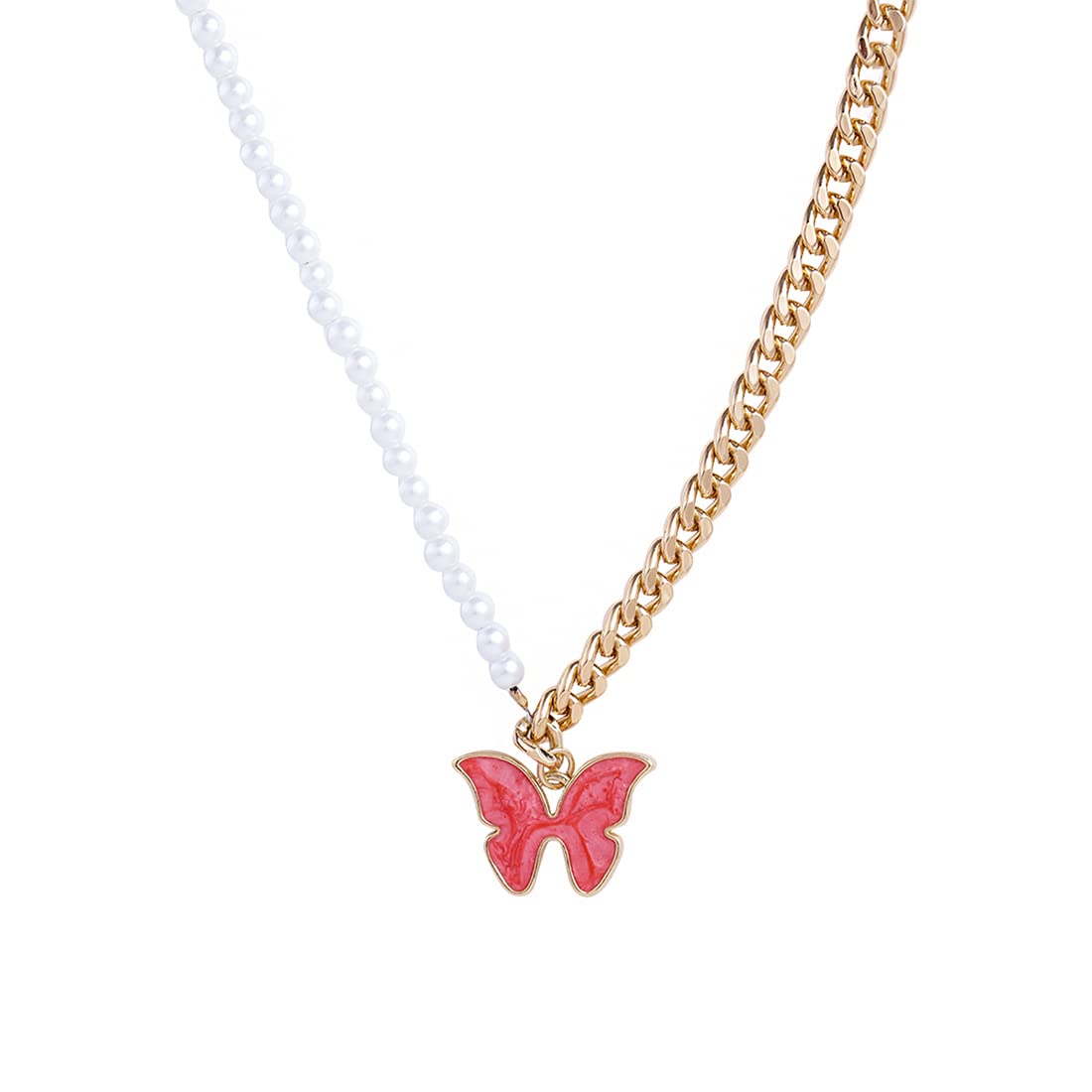 Yellow Chimes Butterfly Necklace for Women Fashion Necklace White Pearl Golden Chain Pendant with Butterfly Charm Necklace for Women and Girls