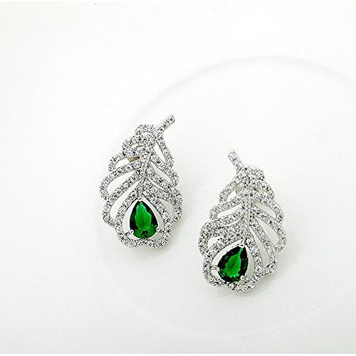 Yellow Chimes Crystals from Swarovski Platinum Plated Designer Peacock Feather Green Crystal Earrings for Women and Girls