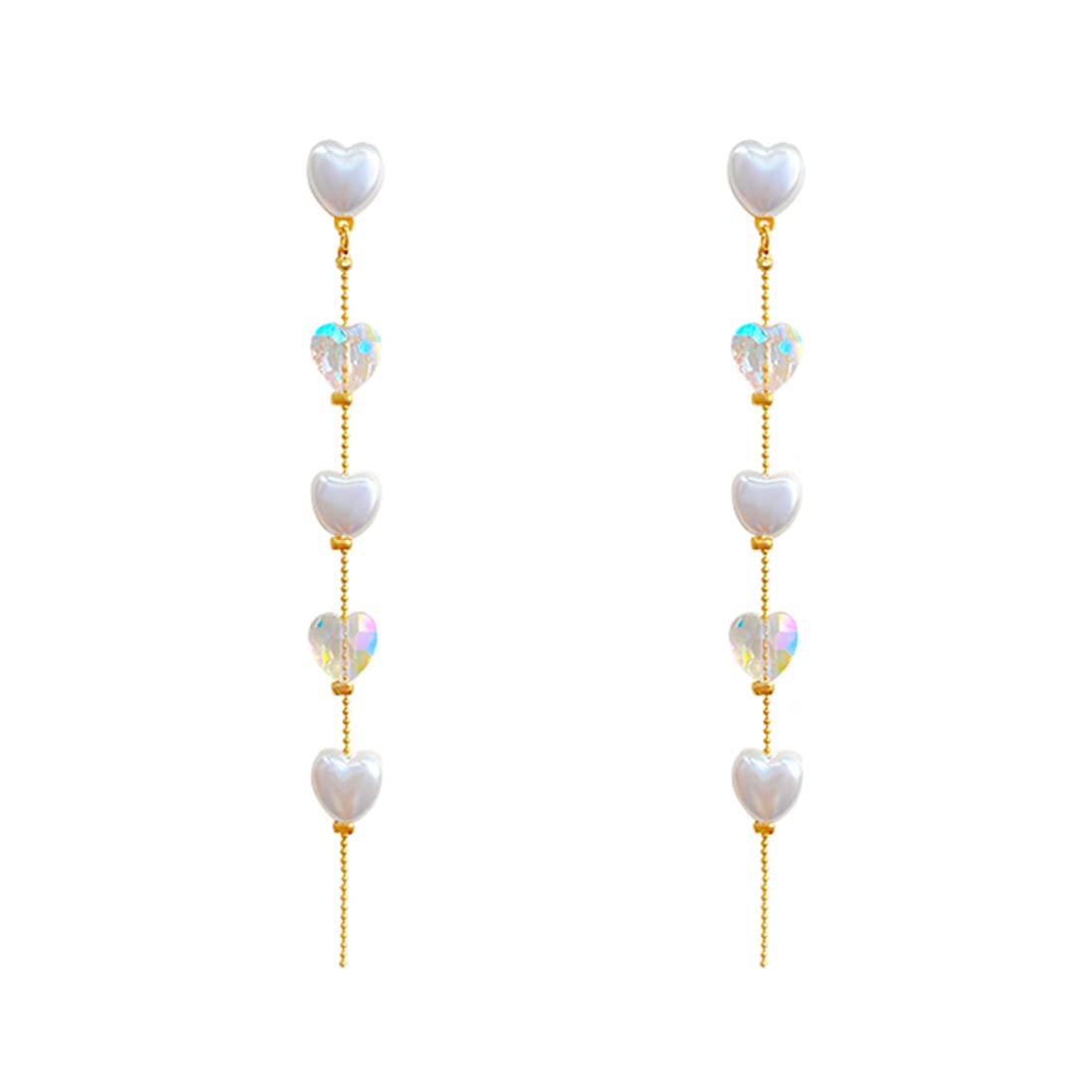 Kairangi Earrings For Women Gold Tone Hearts Pearl and Stone Attached Long Chain Drop Dangler Earrings For Women and Girls