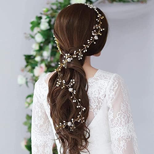 Kairangi Bridal Hair Vine for Women and Girls Bridal Hair Accessories for Wedding Golden Headband Hair Accessories Wedding Jewellery for Women Pearl Bridal Wedding Head band Hair Vine for Girls