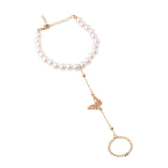 Yellow Chimes Hand Chain For Women Gold Plated Pearl Butterfly Charm Hand Chain Ring For Women and Girls