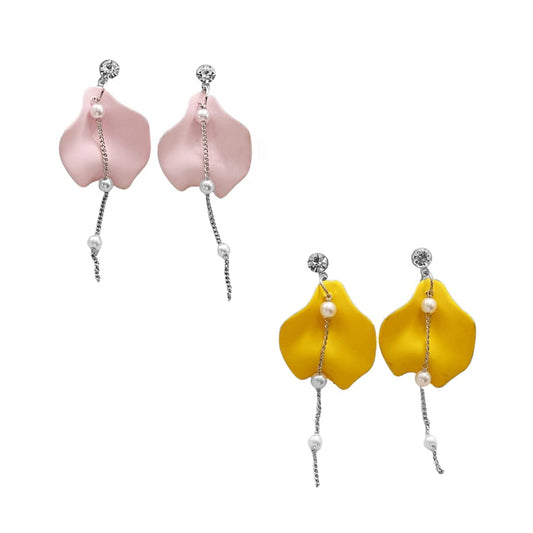 Yellow Chimes Elegant Latest Fashion Combo of Two Pairs Silver Plated Yellow and Pink Colour Single Flower Petal Design Drop Earrings for Women and Girls, Multicolor, Medium (YCFJER-SNGPT-C-YLPK)