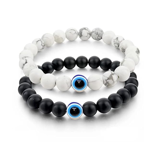 Yellow Chimes Bracelet for Women and Men | Fashion Black & White Evil Eye Nazariya Beads Bracelets for Couple Stretch Lava Stone Beads Bracelets | Couple Bracelet