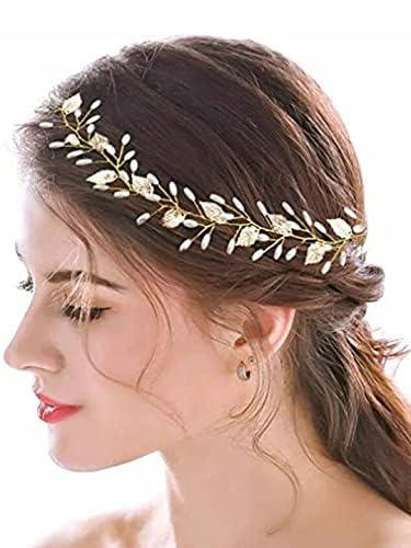 Kairangi Bridal Hair Vine for Women and Girls Bridal Hair Accessories for Wedding Golden Headband Hair Accessories Wedding Jewellery for Women Leafy Pearl Bridal Wedding Head band Hair Vine for Girls