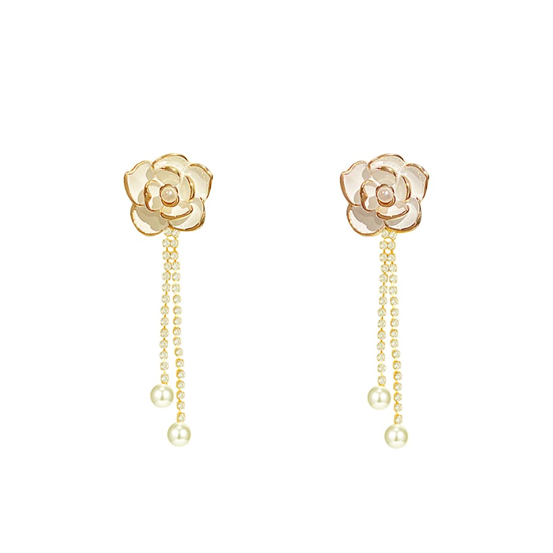 Yellow Chimes Earrings For Women White Flower Stud With Linear Chain Hanging Pearl Drop Dangler Earrings For Women and Girls