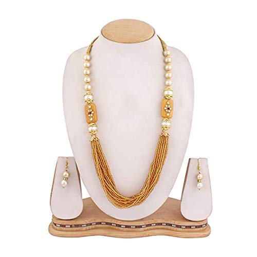 Yellow Chimes jewellery Set for Women Rajasthani Beads Worked 2 Pcs Combo MultiLayered Traditional Necklace Set With Earrings for Women and Girls (White,Gold)