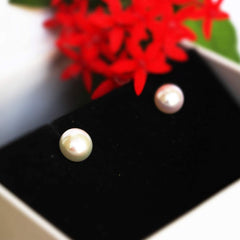 Yellow Chimes Original Freshwater Button Pearl 925 Sterling Silver Hallmark and Certified Purity Studs Earrings for Women and Girls, White, Medium