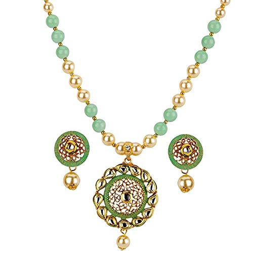 Yellow Chimes Latest Modern Pearl Kundan Traditional Adorable Necklace With Stud Drop Earrings For Women (Lite Green)
