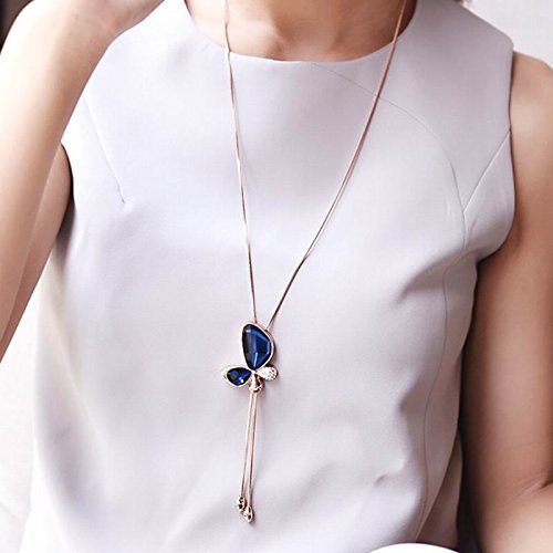 Yellow Chimes Long Chain Pendant Necklace for Women Blue Crystal Butterfly 18K Rose Gold Long Chain Necklace for Women and Girls.