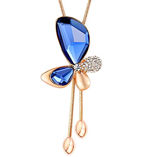 Yellow Chimes Long Chain Pendant Necklace for Women Blue Crystal Butterfly 18K Rose Gold Long Chain Necklace for Women and Girls.