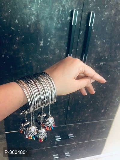 Yellow Chimes Traditional Oxidized Silver Brass Jhumki Latkan Tassels Charms Adjustable Bangle Kadaa Bracelet for Girls and Women