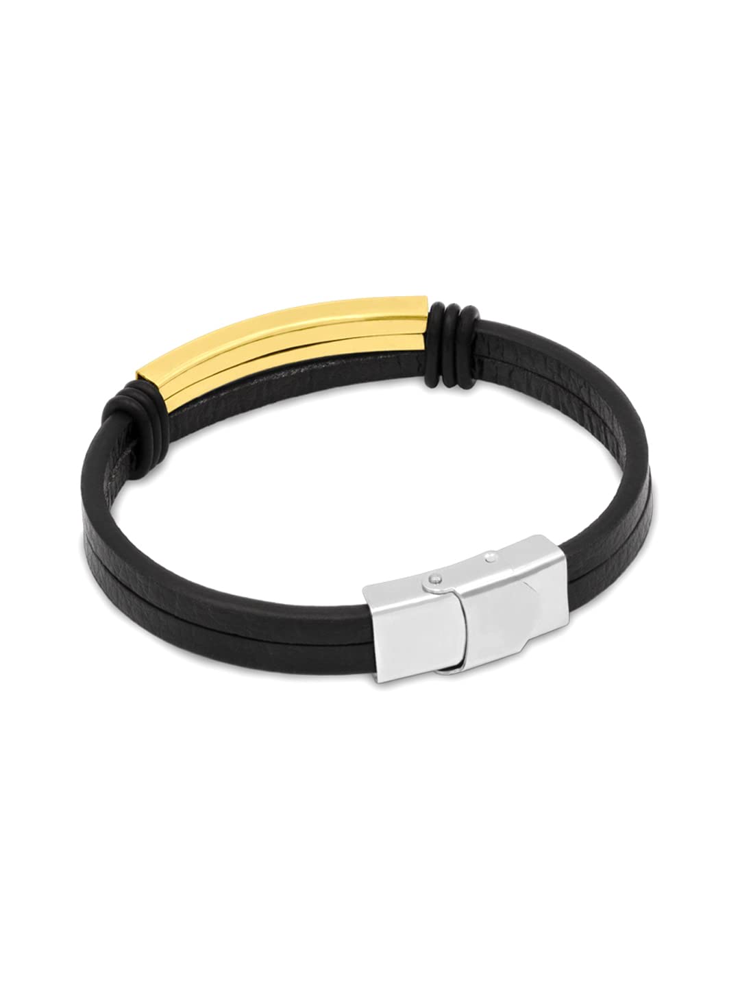 Yellow Chimes Leather Bracelet for Men Stainless Steel Leather Wraps Golden Tag Casual Wear Bracelets for Men and Boys