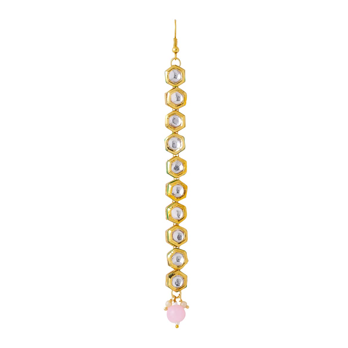 Yellow Chimes Maangtikka for Women Gold Toned Kundan Studded Single Line Designed Pink Pearl Drop Maangtikka for Women and Girls