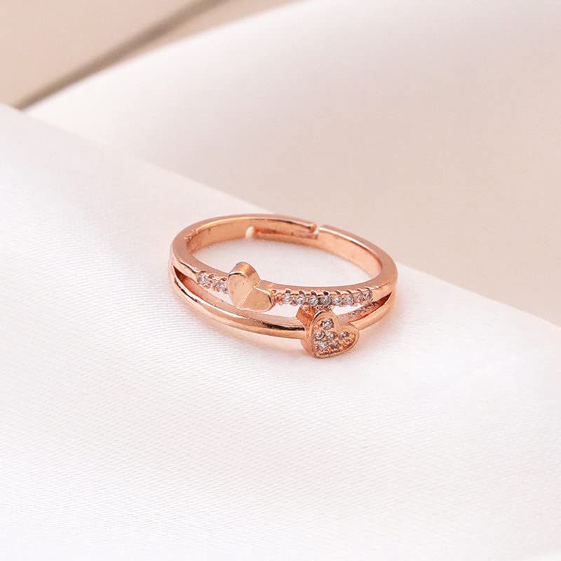 Yellow Chimes Crystal Rings For Women | Adjustable Ring Dual Heart Shaped Crystal Ring | Valentine Special Rose Gold Plated Finger Ring for Girls | Birthday Gift For Girls Anniversary Gift for Wife