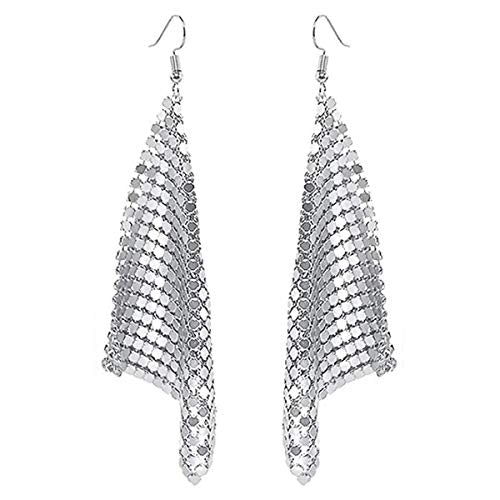 Yellow Chimes Tassel Earrings for Women Metallic Mesh Grid Sequins Silver Tassel Long Drop Earrings Women and Girls.