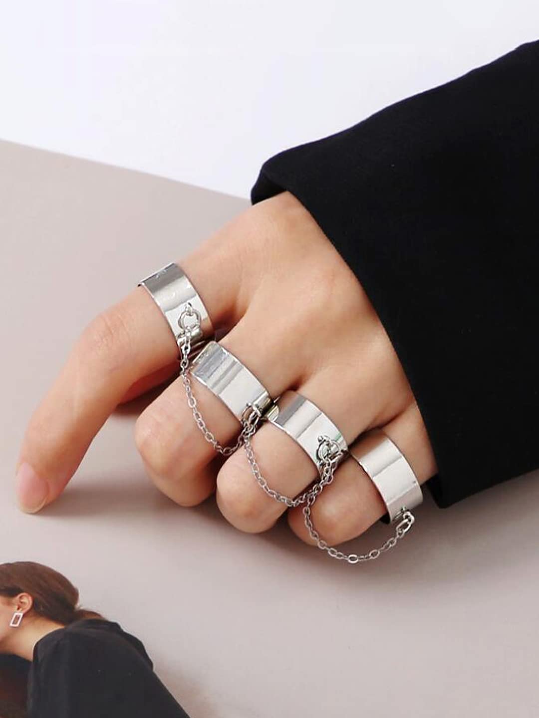 4 Finger Stacking Ring Double Rings Attached Tassel Chain - Temu