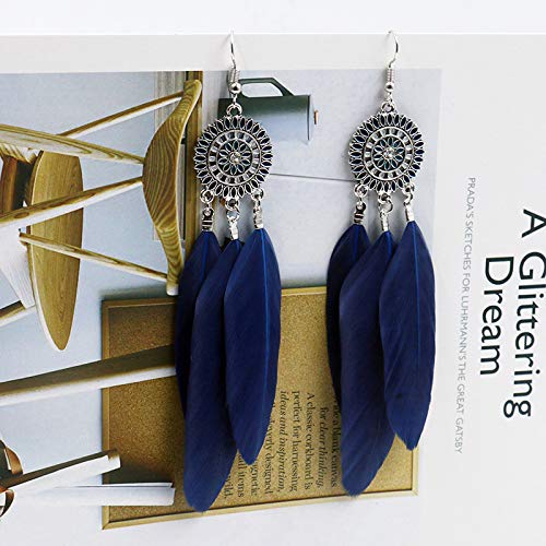 Yellow Chimes Danglers Earrings for Women | Blue Feather Silver Toned Earrings | Long Tassel Silver Plated Dangler Earrings | Birthday Gift for Girls & Women Anniversary Gift for Wife