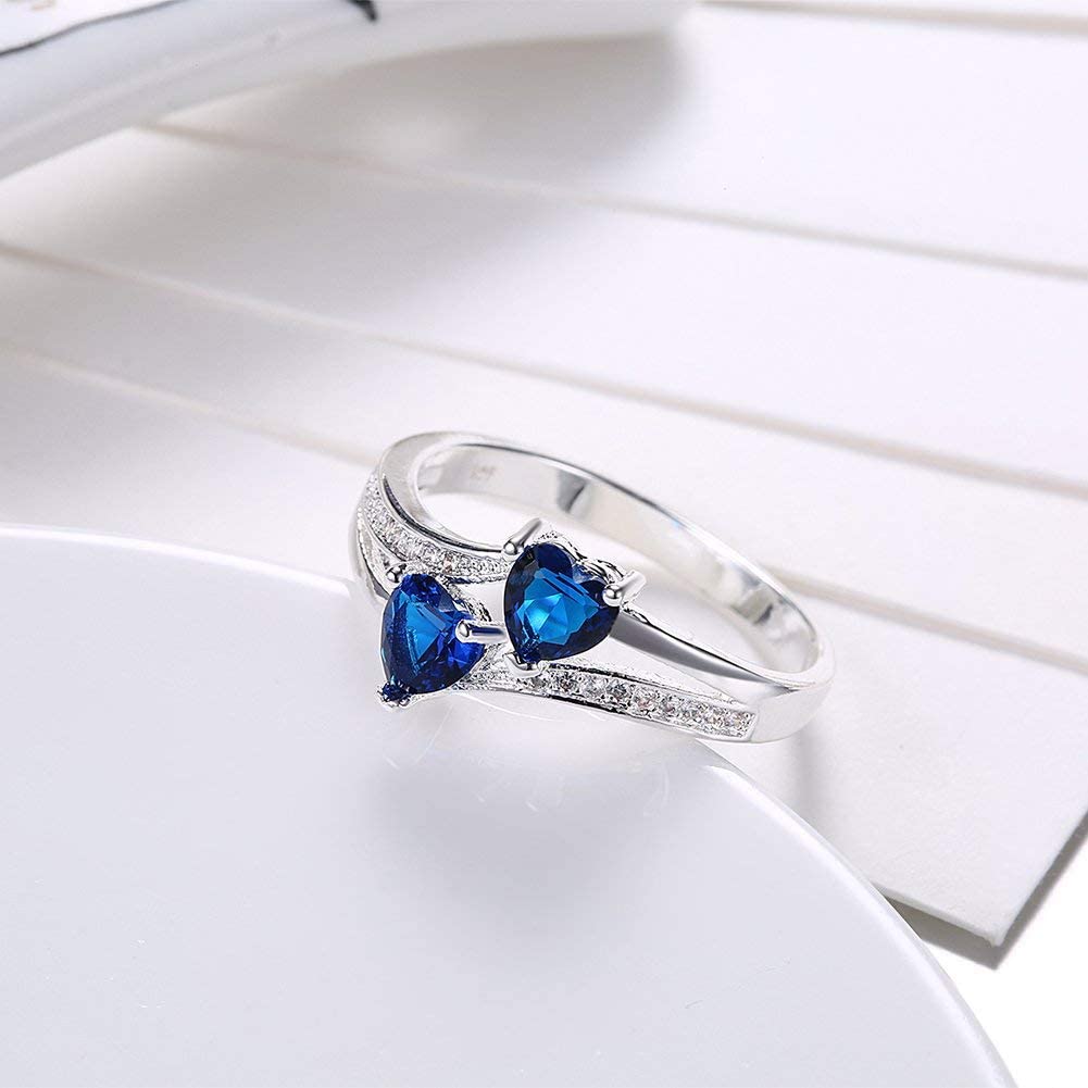 Yellow Chimes Rings for Women Valentines Gift Set of Dual Heart Blue and White Stoned Silver Plated Crystal Ring in Red Velvet Rose Ring Box for Women and Girls