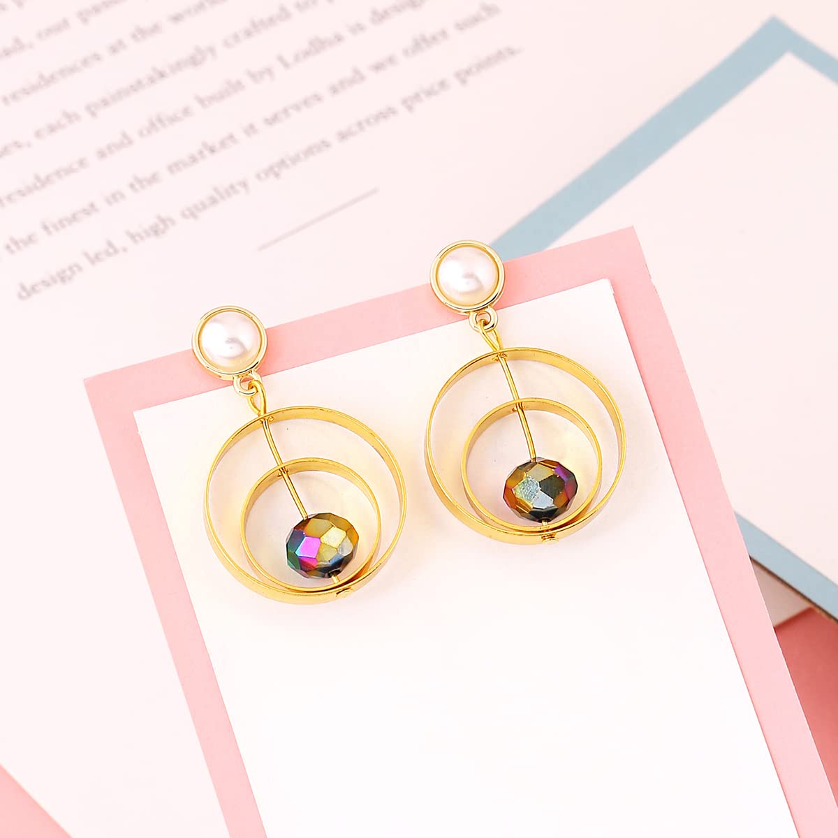 Yellow Chimes Earrings For Women Gold Tone Pearl Multicolor Crystal Circle Drop Dangle Earring For Women and Girls