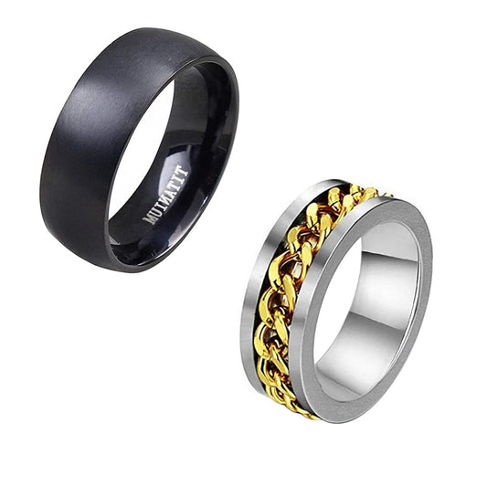 Yellow Chimes Combo of 2 PCs Stainless Steel Western Style Titanuium Black Band Tough Dude Chain Rings for Men and Boys