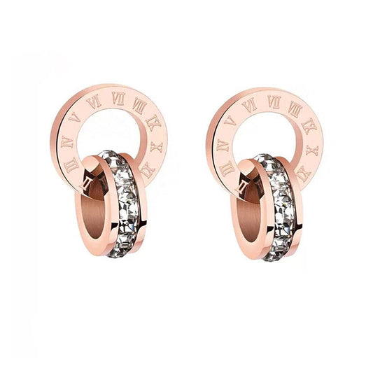 Kairangi Earrings for Women Western Rose Gold Plated Stainless Steel Roman Numericals Engraved Crystal Statement Drop Earrings for Women and Girls.