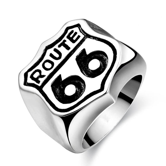 Yellow Chimes Rings for Men Famous 'Route 66' Symbol Silver-Oxidized Stainless Steel Bikers Ring for Men and Boys