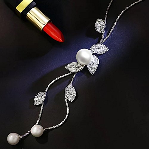 Yellow Chimes Long Chain Necklace for Women Floral Wine Crystal Studded Pearl Silver Long Chain Pendant Necklace for Women and Girls.