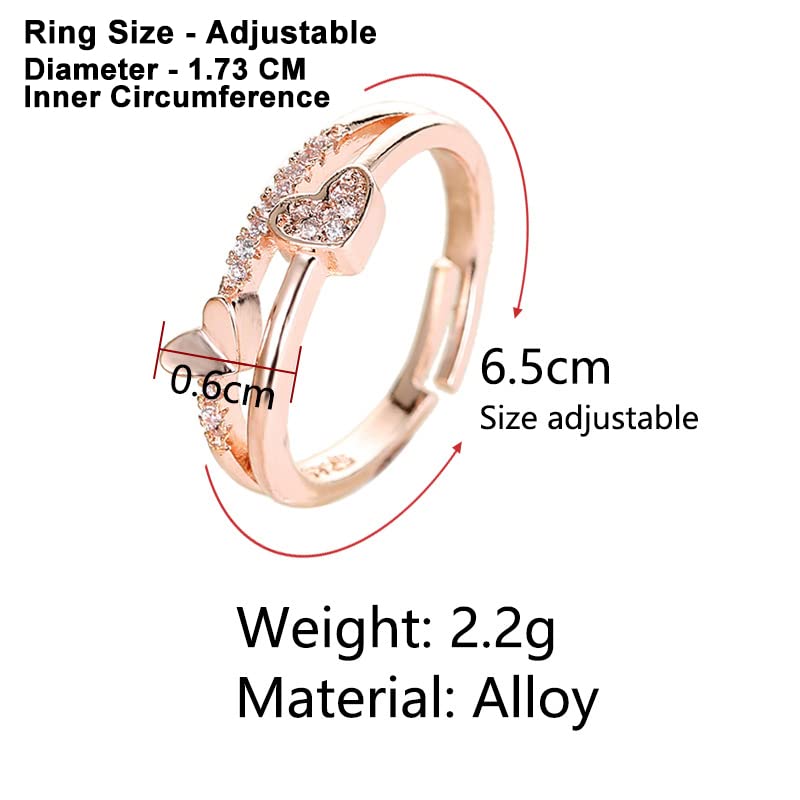 Yellow Chimes Rings for Women and Girls | Rose Gold White Crystal Studded Ring | Adjustable Stone Rings | Dual Heart Shaped Ring for Women | Birthday Gift for Girls and Women Anniversary Gift for Wife