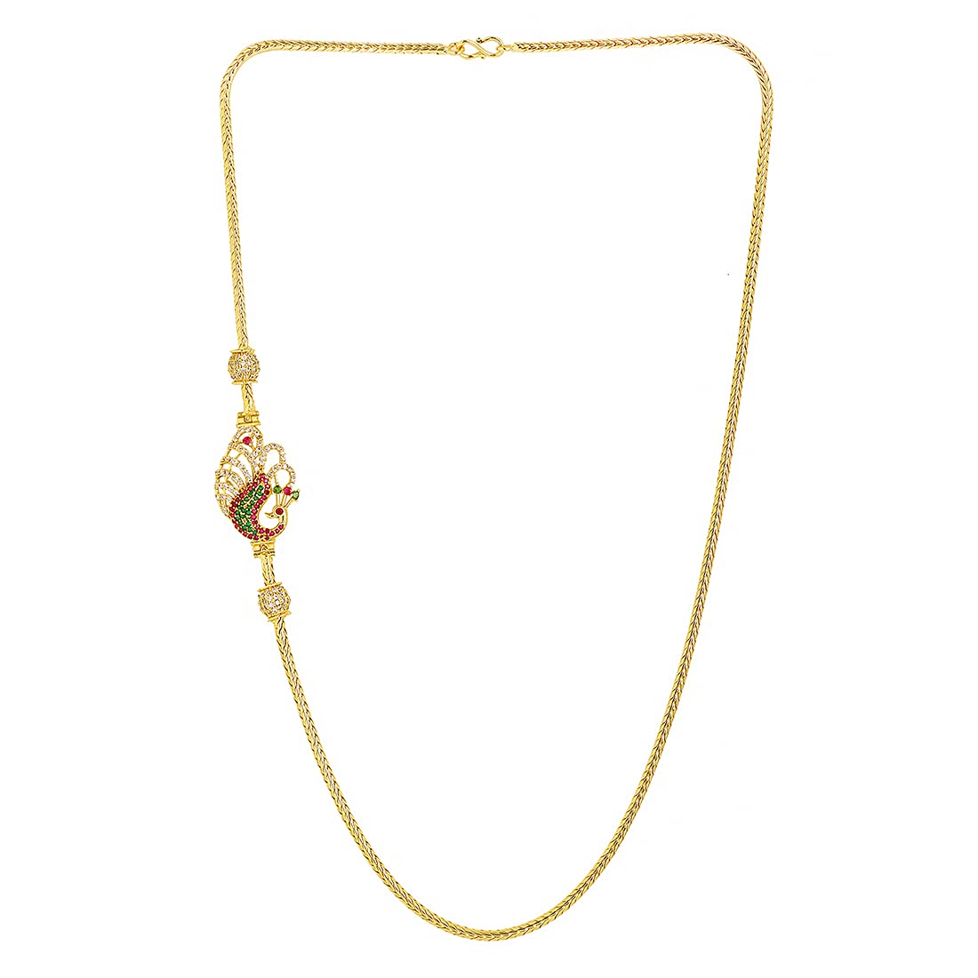 Yellow Chimes Classic AD/American Diamond Studded Gold Plated Necklace Peacock Ball Mugappu Mopu Chain Design Thali chain with side Mugappu for Women and Girls, Gold, Multicolour, Medium