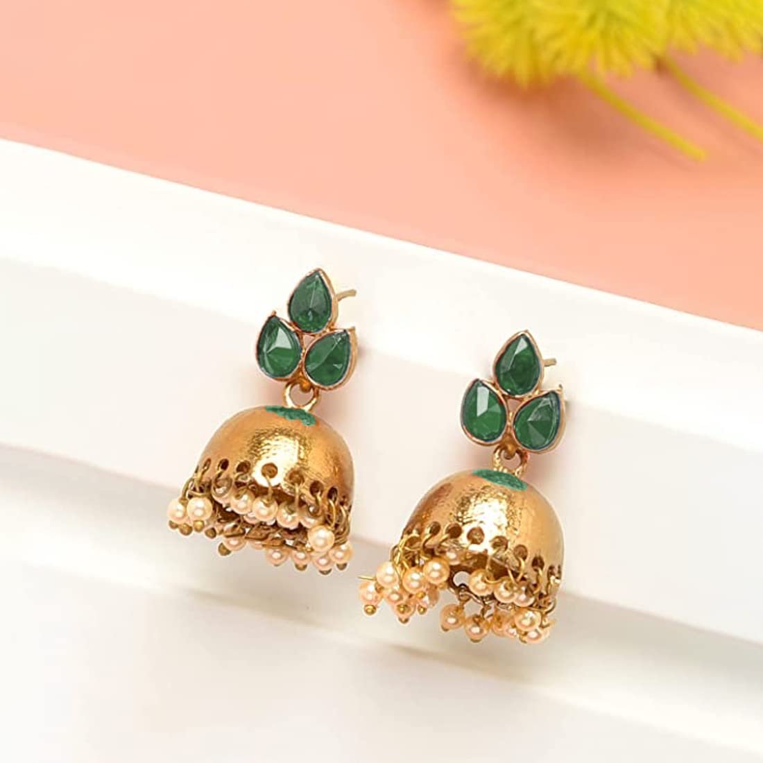 Yellow Chimes Earrings For Women's & Girls | Traditional Green And Gold Jhumka | Gold Plated Earring | Leaf Shaped Jhumki With Hanging Pearls | Birthday & Anniversary Gift