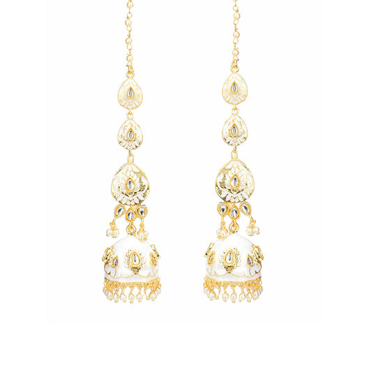 Yellow Chimes Ethnic Gold Plated Kundan Studded White Meenakari Design Pearl Jhumka Earrings for Women and Girls, Medium (Model Number: YCTJER-MKRIJUM-WH)