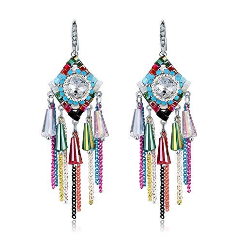 Yellow Chimes Exclusive Collection Multicolor Silver Plated Base Metal Cubic Zircon Crystal Element Tassel Earrings For Women