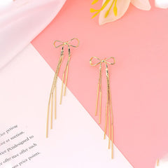 Yellow Chimes Earrings For Women Gold Toned Bow Knot Shaped Stud With Linear Chains Hanging Dangler Earrings For Women and Girls